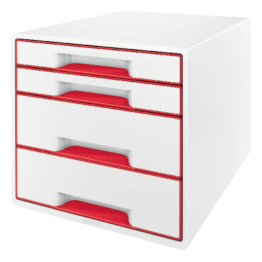 Leitz Schubladenbox WOW CUBE 4 Schubladen DIN A4 Polystyrol Gehäusefarbe: weiß Farbe der Schublade: rot/weiß