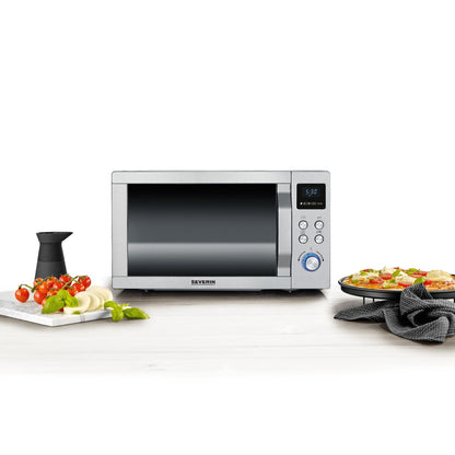 SEVERIN Mikrowelle MW 7774 48,3 x 28,1 x 43,5 cm (B x H x T) 25l 900W Pizza-Teller (Ø: ca. 28 cm), Grillrost, antihaftbeschichteter Crispy Teller Edelstahl, gebürstet