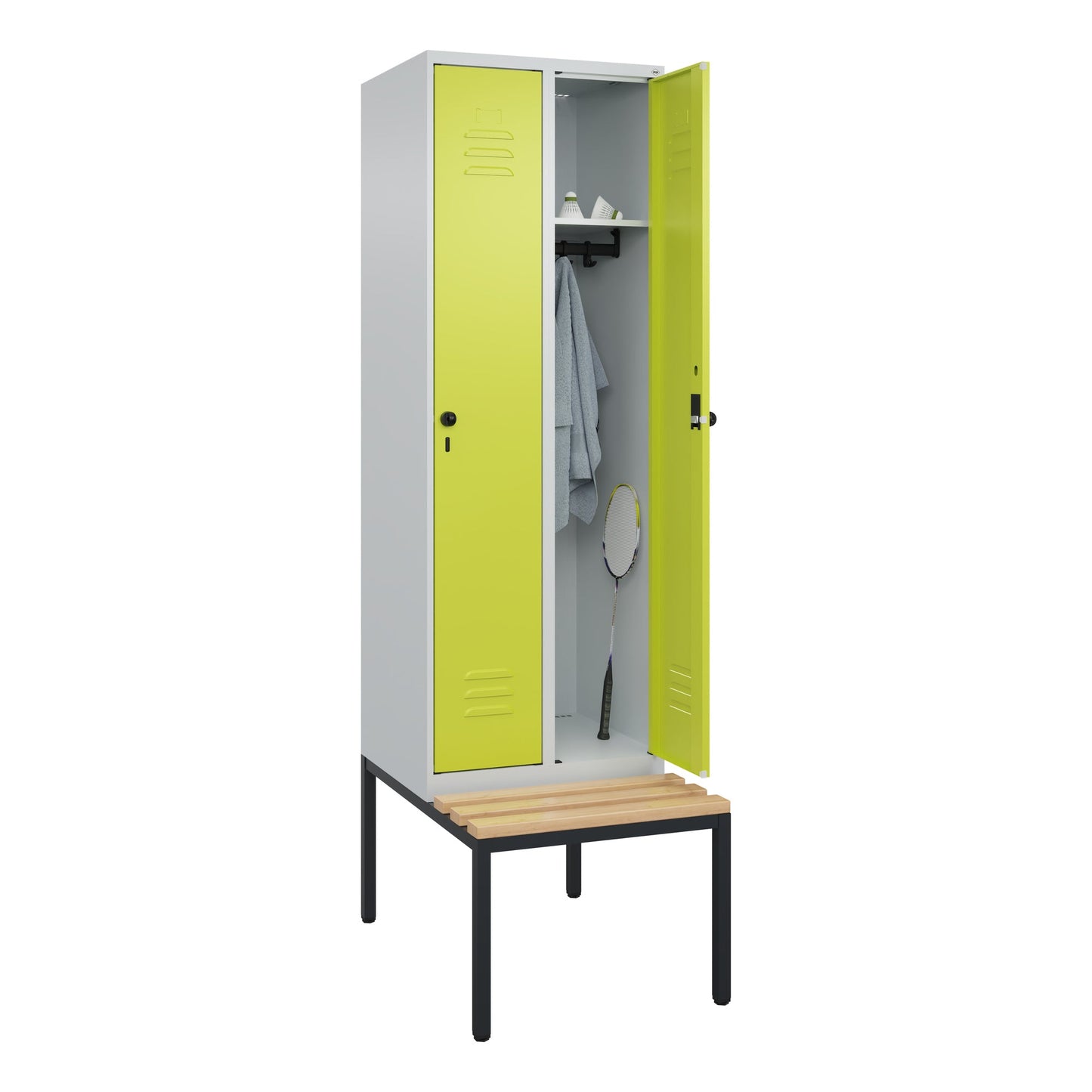 C+P Kleiderspind Classic PLUS 600 x 2.120 x 815 mm (B x H x T) 2 Abteile Stahl/Holz Farbe der Front: clowngrün Farbe des Korpus: lichtgrau