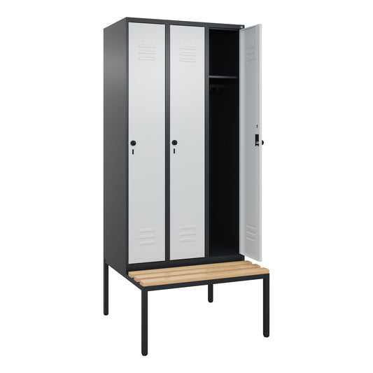 C+P Kleiderspind Classic PLUS 900 x 2.120 x 815 mm (B x H x T) 3 Abteile Stahl/Holz Farbe der Front: lichtgrau Farbe des Korpus: schwarzgrau