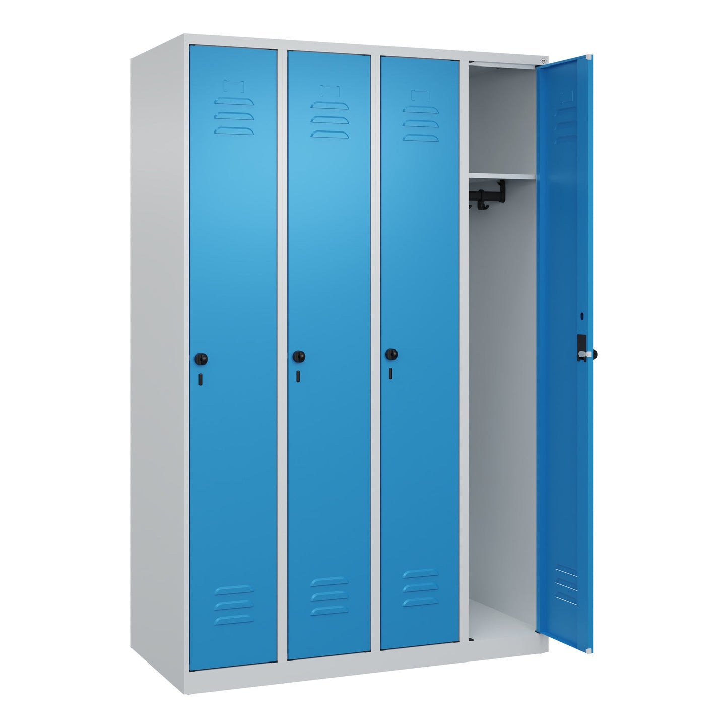 C+P Kleiderspind Classic PLUS 1.200 x 1.850 x 500 mm (B x H x T) 4 Abteile Stahl Farbe der Front: lichtblau Farbe des Korpus: lichtgrau