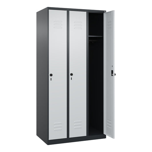 C+P Kleiderspind Classic PLUS 900 x 1.850 x 500 mm (B x H x T) 3 Abteile Stahl Farbe der Front: lichtgrau Farbe des Korpus: schwarzgrau