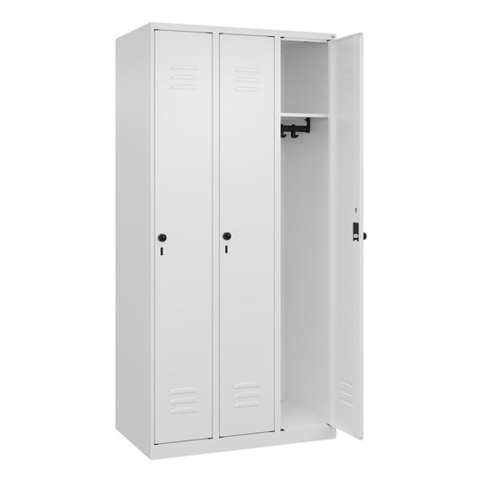 C+P Kleiderspind Classic PLUS 900 x 1.850 x 500 mm (B x H x T) 3 Abteile Stahl Farbe der Front: verkehrsweiß Farbe des Korpus: verkehrsweiß