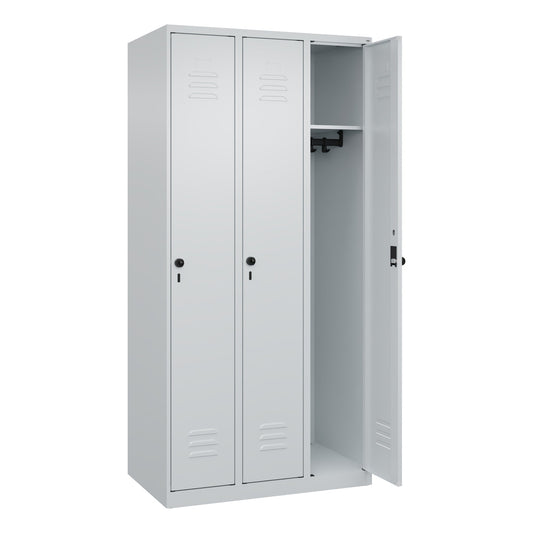 C+P Kleiderspind Classic PLUS 900 x 1.850 x 500 mm (B x H x T) 3 Abteile Stahl Farbe der Front: lichtgrau Farbe des Korpus: lichtgrau