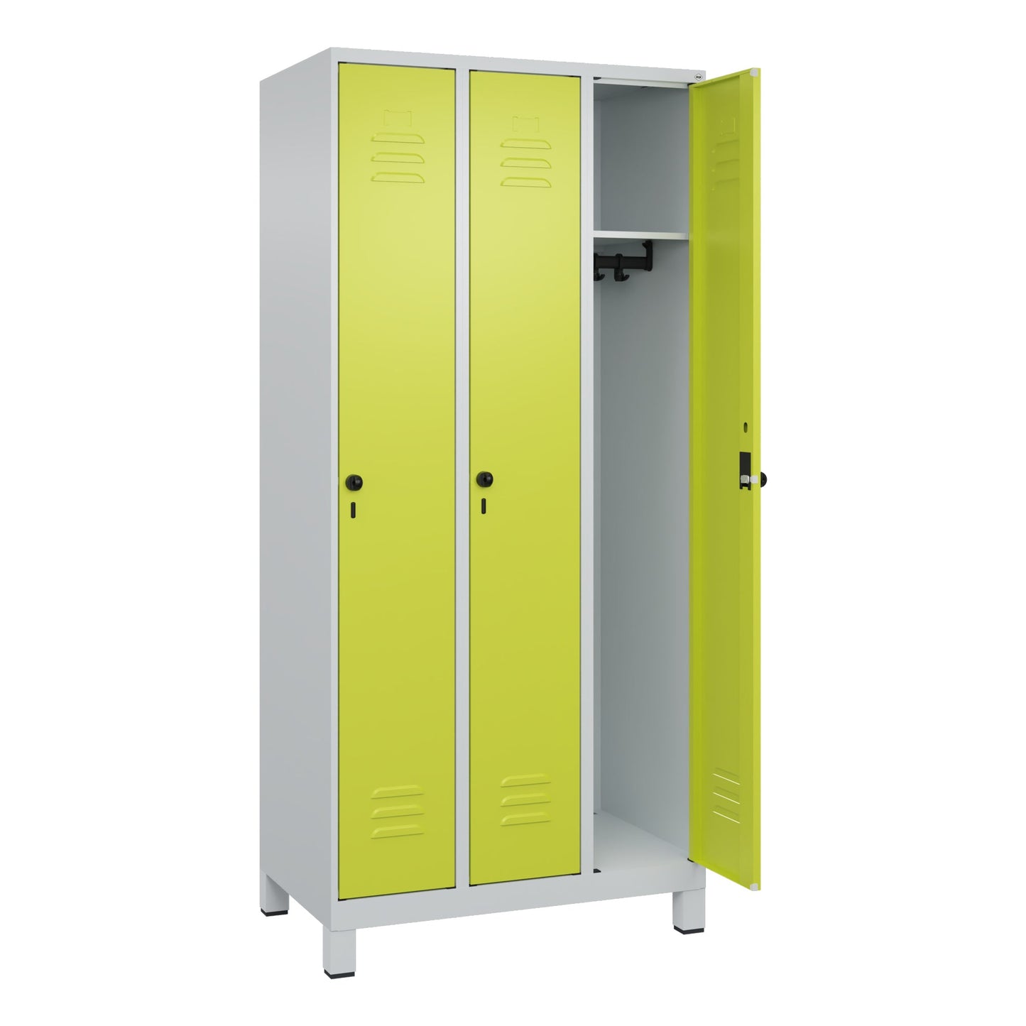 C+P Kleiderspind Classic PLUS 900 x 1.950 x 500 mm (B x H x T) 3 Abteile Stahl Farbe der Front: clowngrün Farbe des Korpus: lichtgrau