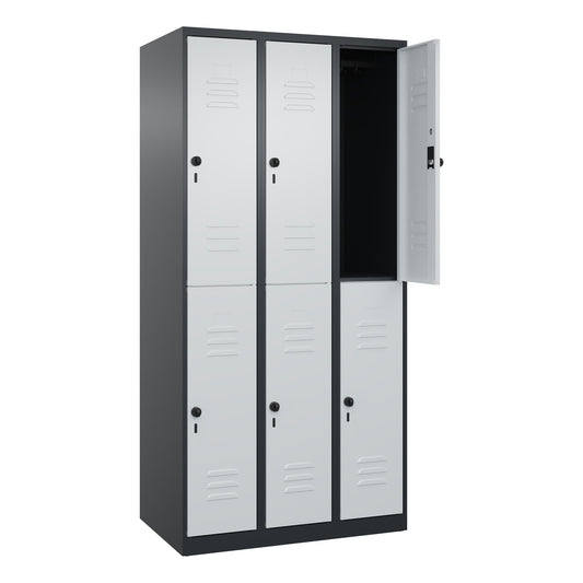 C+P Kleiderspind Classic PLUS 900 x 1.850 x 500 mm (B x H x T) 3 Abteile Stahl Farbe der Front: lichtgrau Farbe des Korpus: schwarzgrau