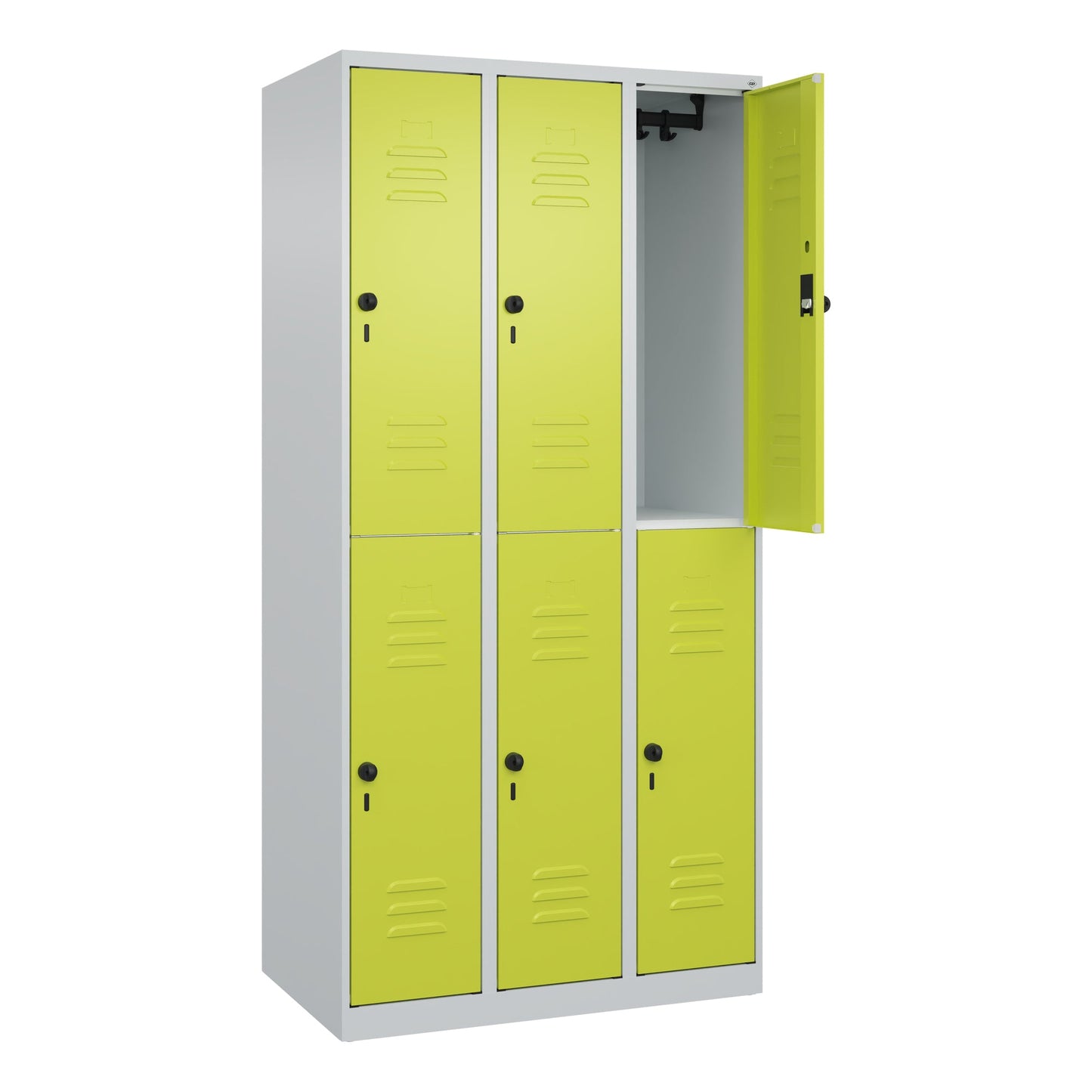 C+P Kleiderspind Classic PLUS 900 x 1.850 x 500 mm (B x H x T) 3 Abteile Stahl Farbe der Front: clowngrün Farbe des Korpus: lichtgrau
