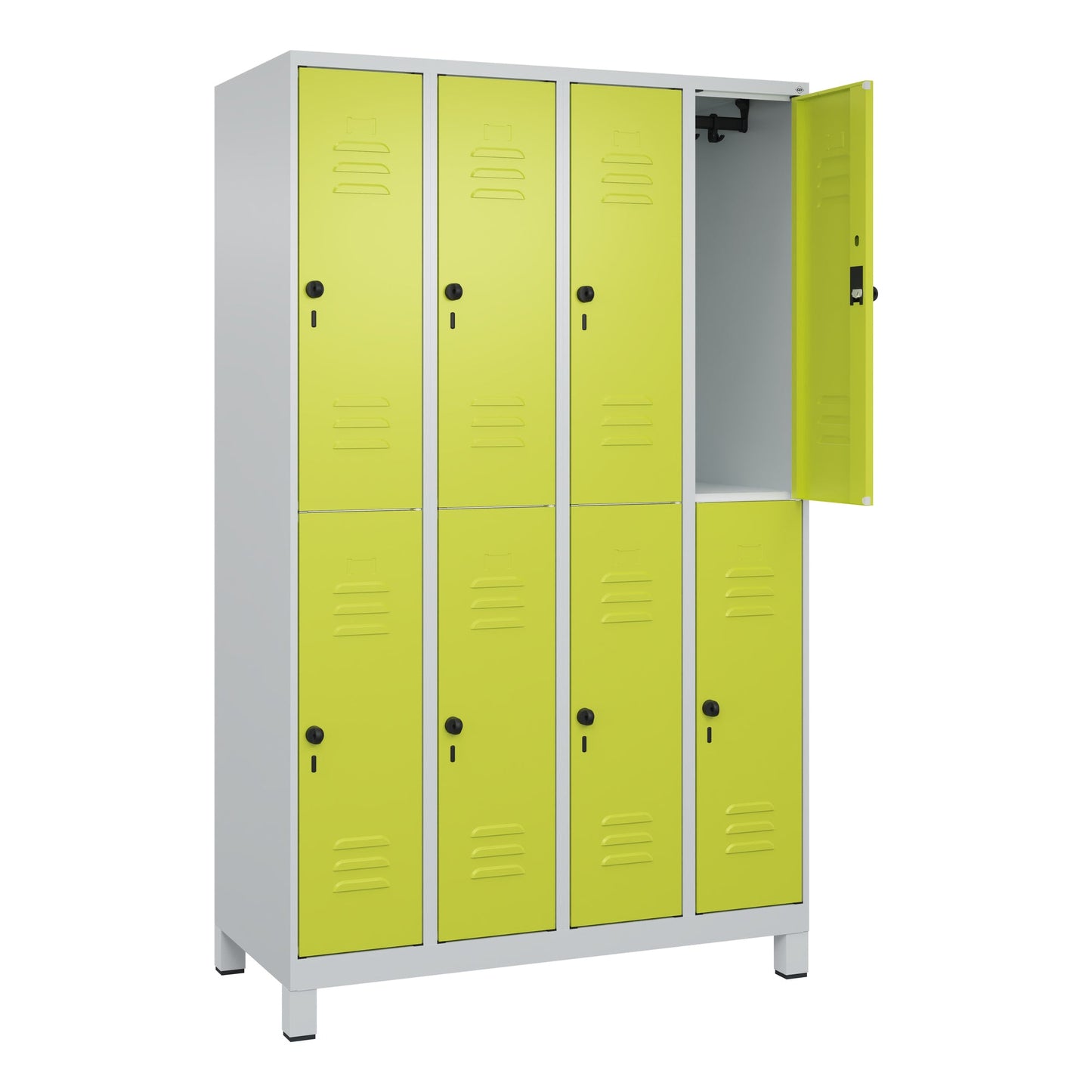 C+P Kleiderspind Classic PLUS 1.200 x 1.950 x 500 mm (B x H x T) 4 Abteile Stahl Farbe der Front: clowngrün Farbe des Korpus: lichtgrau