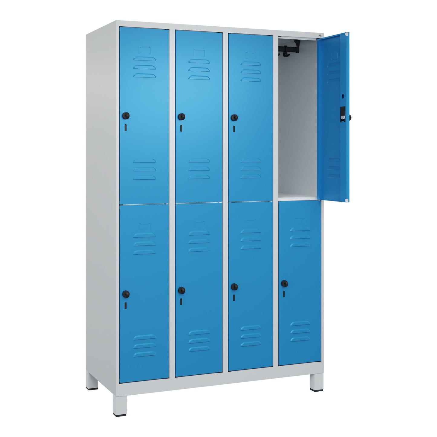 C+P Kleiderspind Classic PLUS 1.200 x 1.950 x 500 mm (B x H x T) 4 Abteile Stahl Farbe der Front: lichtblau Farbe des Korpus: lichtgrau