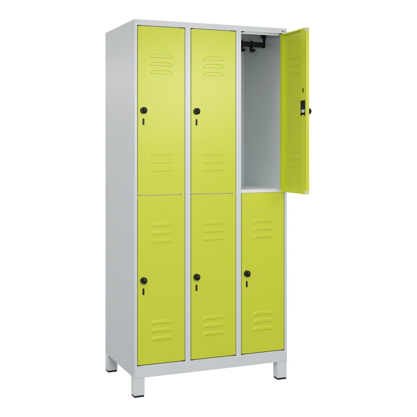C+P Kleiderspind Classic PLUS 900 x 1.950 x 500 mm (B x H x T) 3 Abteile Stahl Farbe der Front: clowngrün Farbe des Korpus: lichtgrau