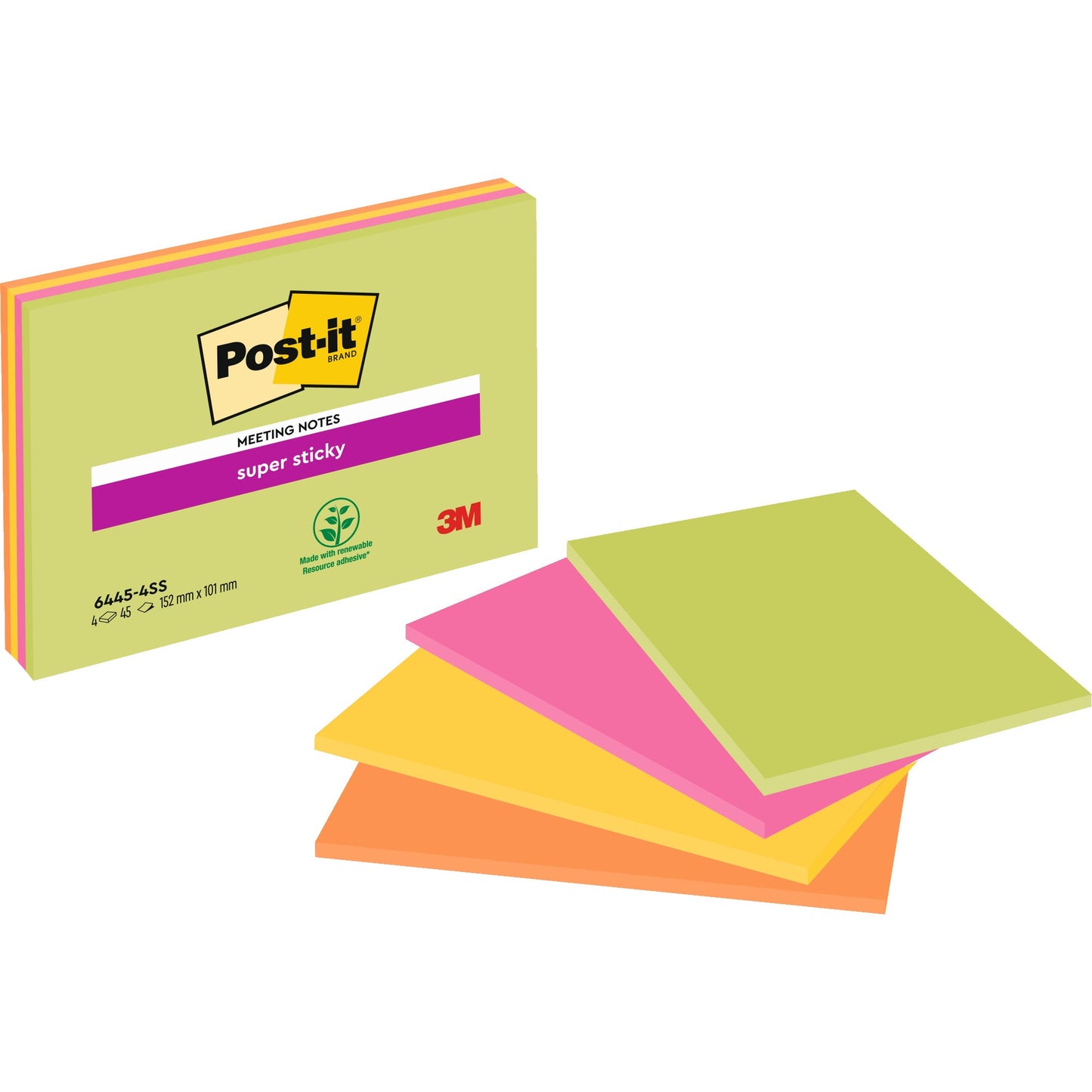 Post-it® Haftnotiz Super Sticky Meeting Notes 152 x 101 mm (B x H) je 1 x limonengrün, ultragelb, vitalorange, powerpink 45 Bl./Block 4 Block/Pack.