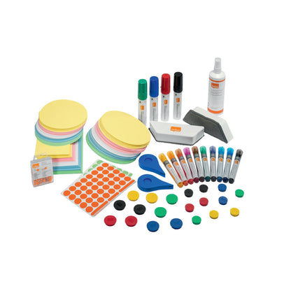 Nobo® Starterset Whiteboard Move & Meet Teamwork 14 Whiteboardmarker (farbig), 10 Magnete (Ø 32 mm farbig), 10 Magnete (Ø 24 mm farbig), 2 Tafelwischer, 1 Reinigungsspray, 2 Rasterbänder, 100 Pinnnadeln, 750 Moderationskarten (farbig), 1.040 Klebepunkte