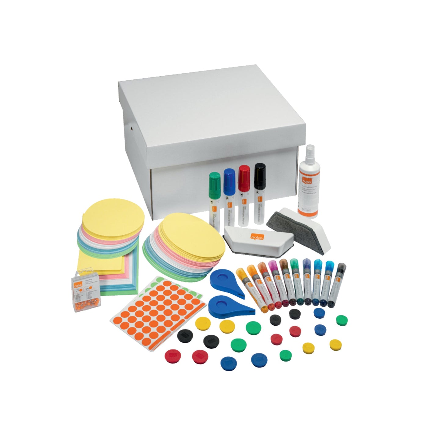 Nobo® Starterset Whiteboard Move & Meet Teamwork 14 Whiteboardmarker (farbig), 10 Magnete (Ø 32 mm farbig), 10 Magnete (Ø 24 mm farbig), 2 Tafelwischer, 1 Reinigungsspray, 2 Rasterbänder, 100 Pinnnadeln, 750 Moderationskarten (farbig), 1.040 Klebepunkte