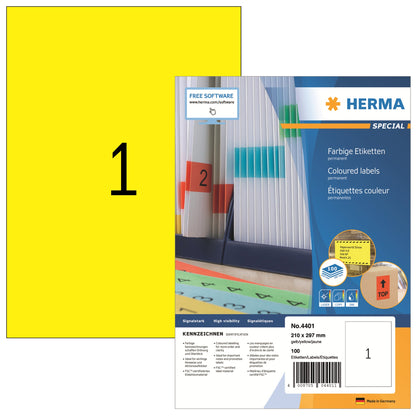 HERMA Universaletikett 210 x 297 mm (B x H) nicht wieder ablösbar Papier gelb 100 Etik./Pack.