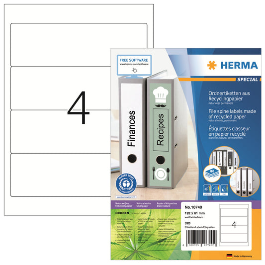 HERMA Ordnerrückenetikett Recycling breit/kurz 61 x 192 mm (B x H) selbstklebend ohne Griffloch naturweiß 320 Etik./Pack.