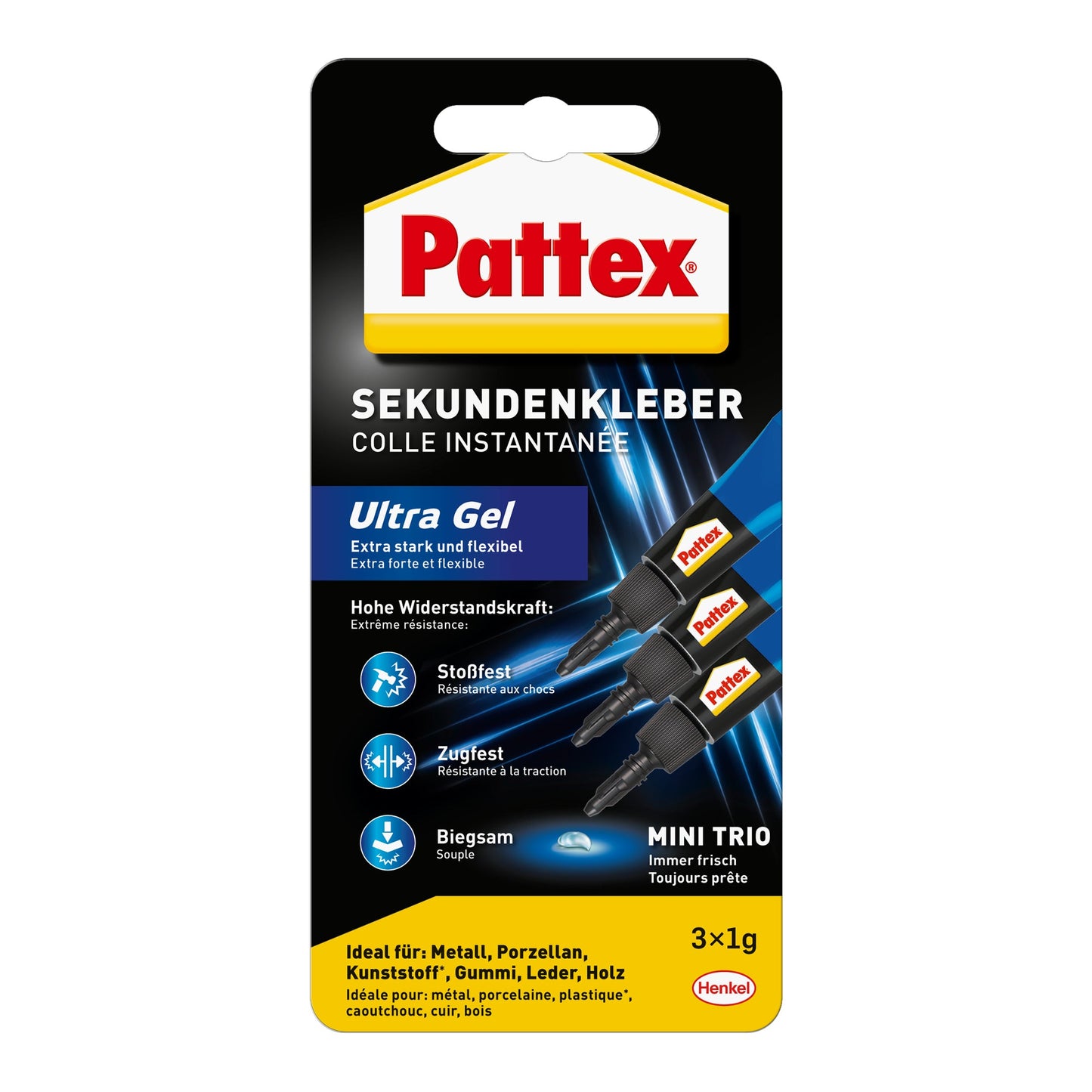 Pattex Sekundenkleber Ultra Gel MINI TRIO Gummi, Leder, Porzellan, Holz, Papier, Kunststoff, Metall Punktdüse 3 x 1 g/Pack.