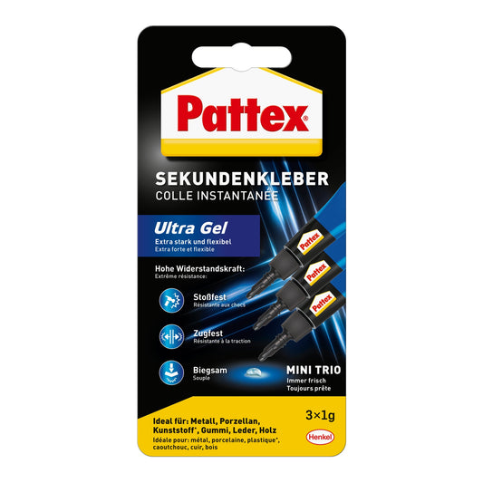 Pattex Sekundenkleber Ultra Gel MINI TRIO Gummi, Leder, Porzellan, Holz, Papier, Kunststoff, Metall Punktdüse 3 x 1 g/Pack.