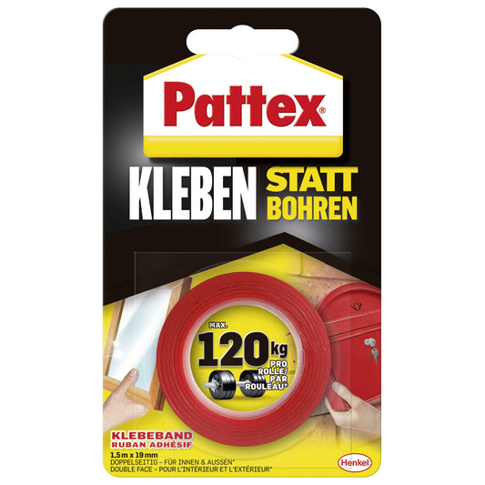 Pattex Montageklebeband Kleben statt Bohren Innenbereich, Außenbereich 19 mm x 1,5 m (B x L) 120kg beidseitig klebend rot