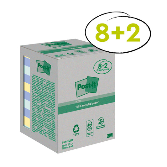 Post-it® Haftnotiz Recycling Notes 76 x 76 mm (B x H) je 3 x gelb, mint, 4 x hellblau 100 Bl./Block 10 Block/Pack.