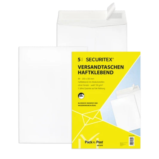 SECURITEX® Versandtasche DIN B4 250 x 353 mm (B x H) mit Haftklebung ohne Fenster 130g/m² weiß 5 St./Pack.