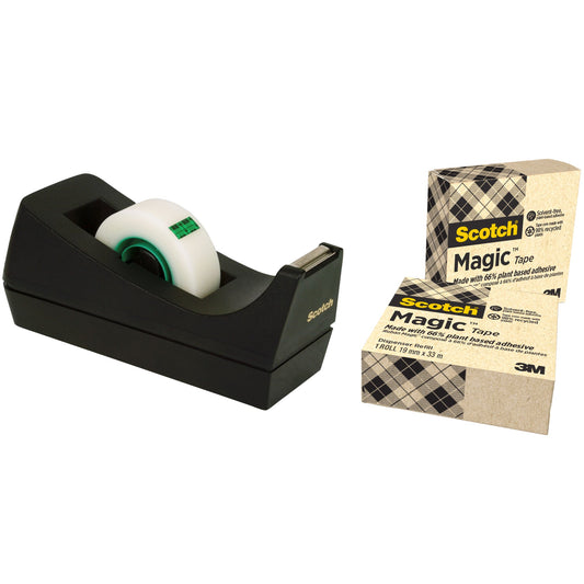 Scotch® Tischabroller Hergestellt aus pflanzlichen Materialien 19 mm x 33 m (B x L) inkl. 3 Rollen Scotch® MagicT Klebefilm - Hergestellt aus pflanzlichen Materialien, 19 mm x 33 m (B x L) mit Lösungsmittel schwarz