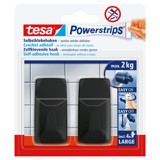 tesa® Haken Powerstrips® Large Fliesen, Glas, Holz, Kunststoff 2kg inkl. 4 Powerstrips® Large schwarz 2 St./Pack.