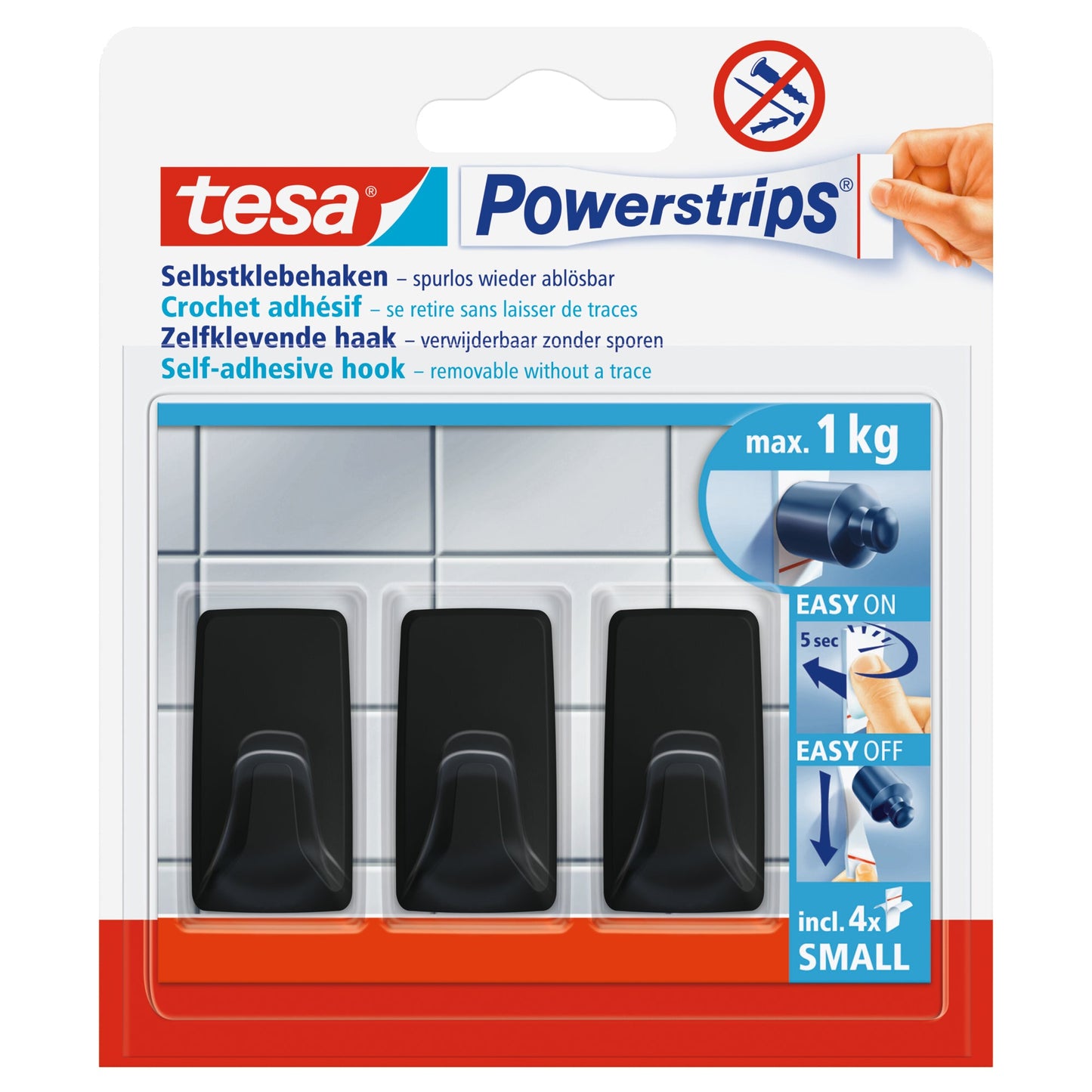 tesa® Haken Powerstrips® Small Fliesen, Glas, Holz, Kunststoff 1kg inkl. 4 Powerstrips® Small schwarz 3 St./Pack.