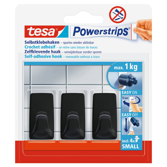 tesa® Haken Powerstrips® Small Fliesen, Glas, Holz, Kunststoff 1kg inkl. 4 Powerstrips® Small schwarz 3 St./Pack.