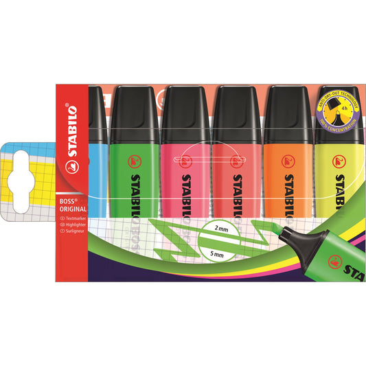 STABILO® Textmarker BOSS® ORIGINAL 2-5mm farbig sortiert Keilspitze 6 St./Pack.