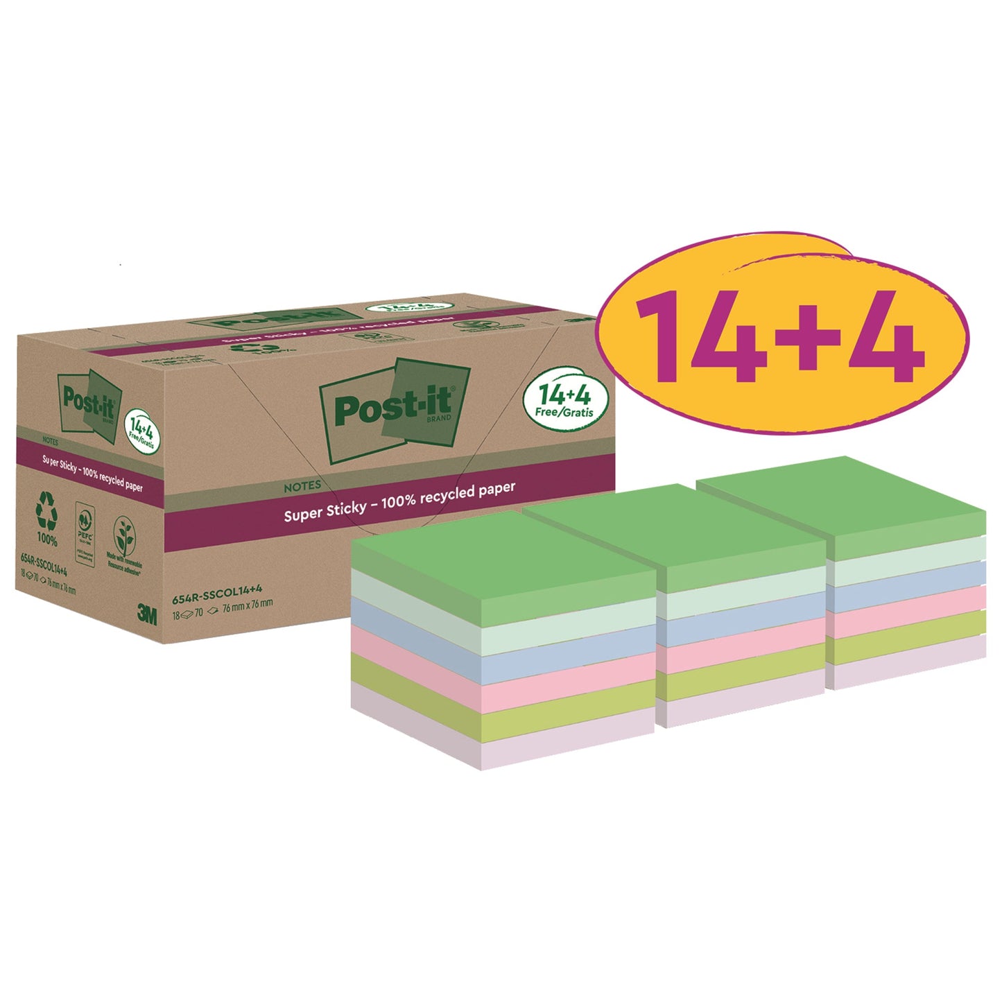 Post-it® Haftnotiz Super Sticky Recycling Notes 76 x 76 mm (B x H) mehrfarbig 70 Bl./Block 18 Block/Pack.