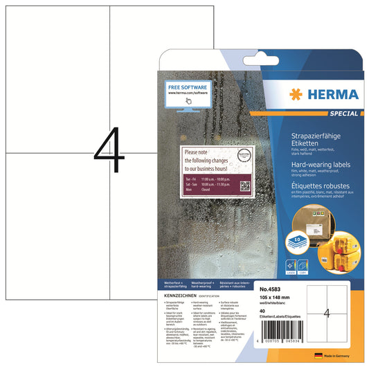 HERMA Folienetikett SPECIAL 105 x 148 mm (B x H) weiß 40 Etik./Pack.