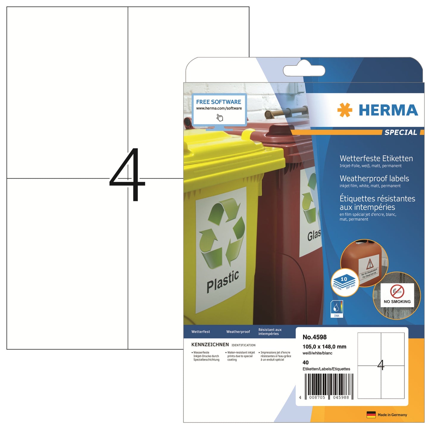 HERMA Folienetikett SPECIAL 105 x 148 mm (B x H) weiß 40 Etik./Pack.