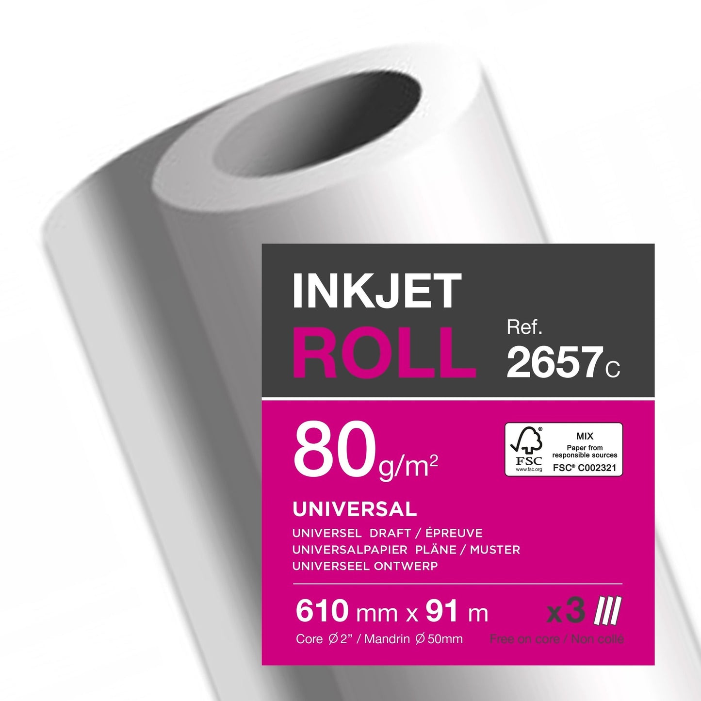 Clairefontaine Inkjetplotterpapier Inkjet Universal 610 mm x 91 m (B x L) 80g/m² hochweiß 3 Rl./Pack.