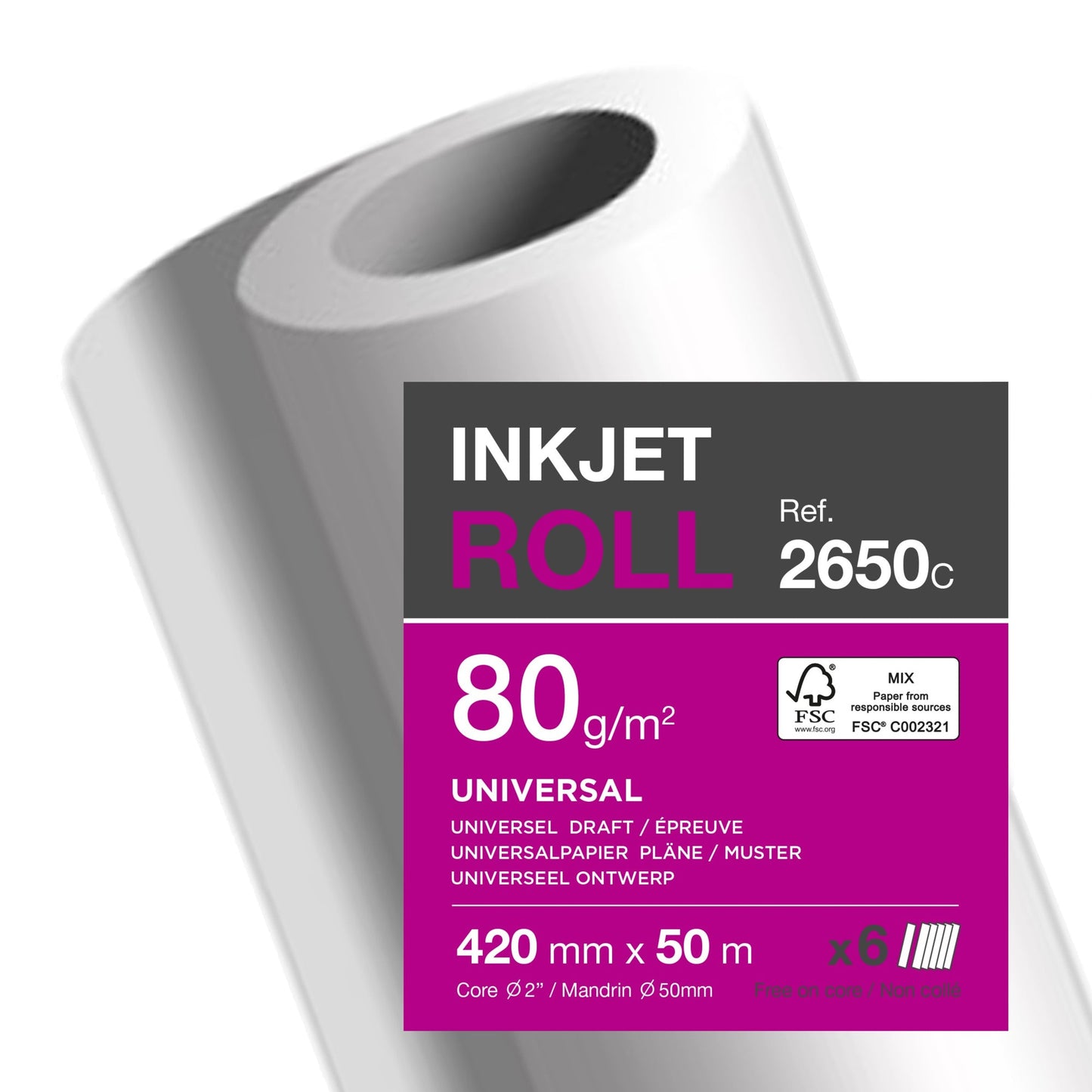 Clairefontaine Inkjetplotterpapier Inkjet Universal 420 mm x 50 m (B x L) 80g/m² hochweiß 6 Rl./Pack.