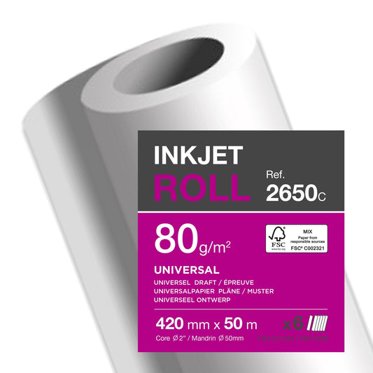 Clairefontaine Inkjetplotterpapier Inkjet Universal 420 mm x 50 m (B x L) 80g/m² hochweiß 6 Rl./Pack.