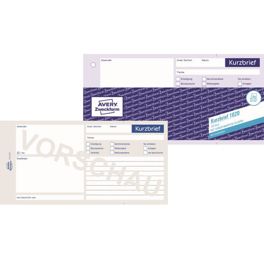 Avery Zweckform Kurzbrief 1020 1/3 DIN A4 nicht selbstdurchschreibend 100 Bl.