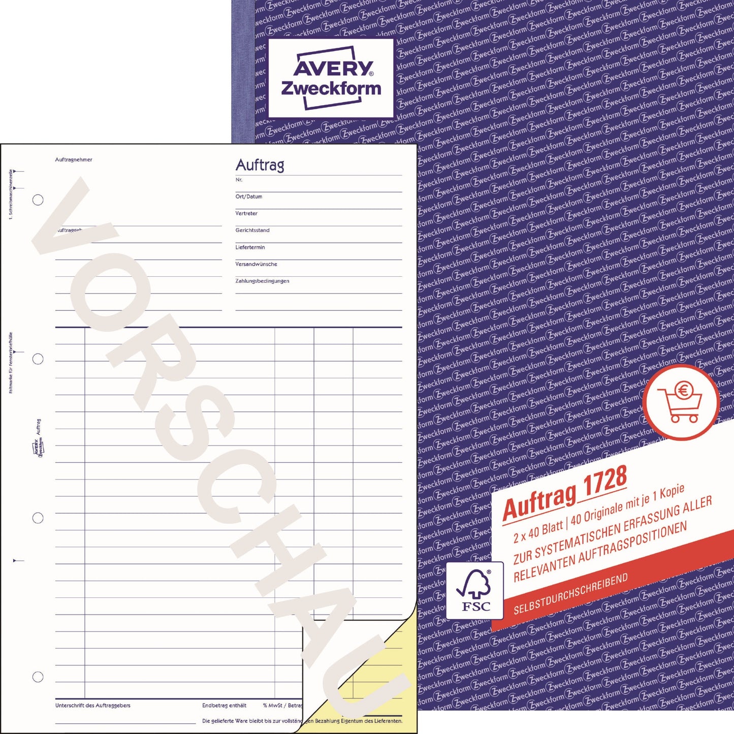 Avery Zweckform Auftragsformular 1728 DIN A4 60g/m² selbstdurchschreibend 1 Durchschlag handschriftlich gelb 2 x 40 Bl.