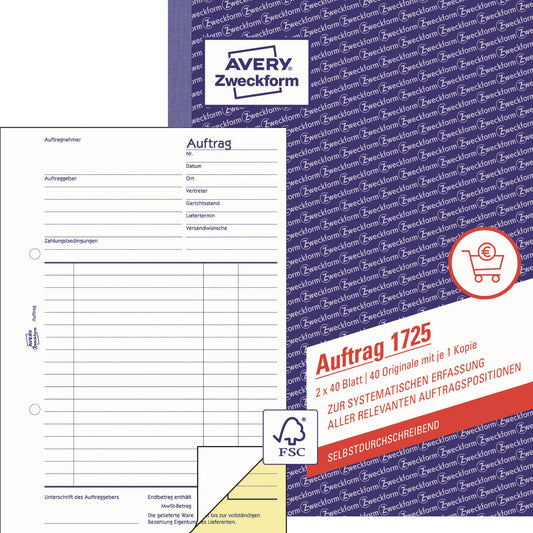 Avery Zweckform Auftragsformular 1725 DIN A5 54g/m² selbstdurchschreibend 1 Durchschlag handschriftlich, Schreibmaschine gelb 2 x 40 Bl.