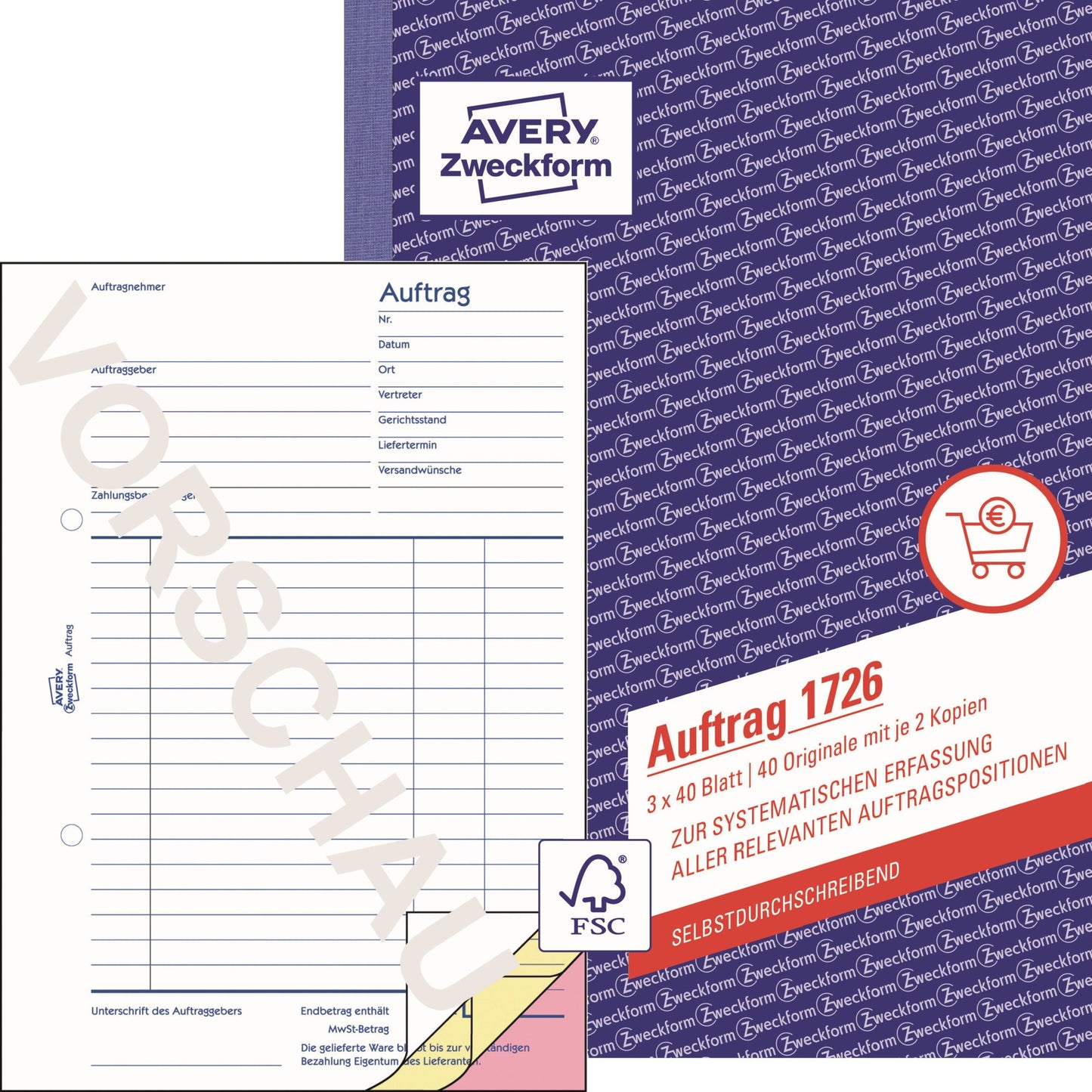 Avery Zweckform Auftragsformular 1726 DIN A5 54g/m² selbstdurchschreibend 2 Durchschläge handschriftlich, Schreibmaschine gelb, rosa 3 x 40 Bl.