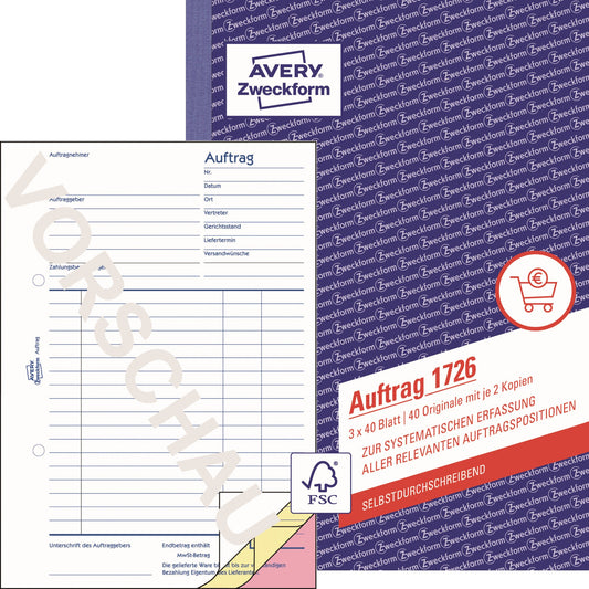 Avery Zweckform Auftragsformular 1726 DIN A5 54g/m² selbstdurchschreibend 2 Durchschläge handschriftlich, Schreibmaschine gelb, rosa 3 x 40 Bl.