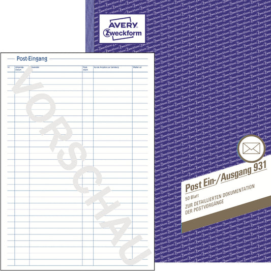 Avery Zweckform Postein-/Postausgang 931 DIN A4 ohne Abheftlochung Klebebindung handschriftlich 50 Bl.