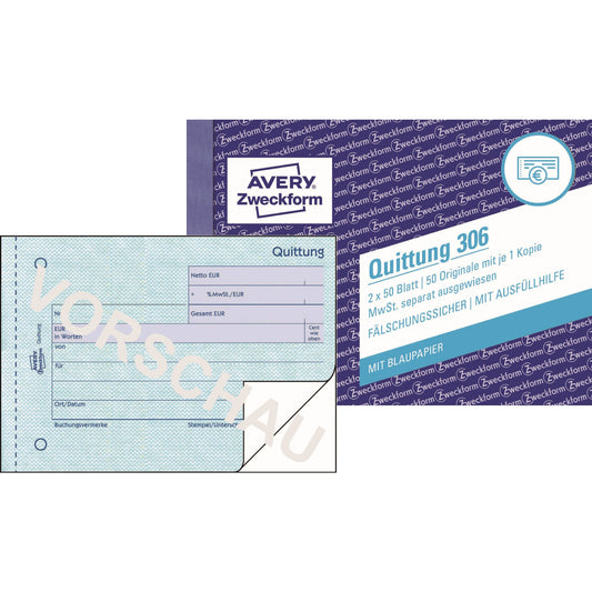 Avery Zweckform Quittung 306 DIN A6 quer nicht selbstdurchschreibend 1 Durchschlag 2 x 50 Bl.