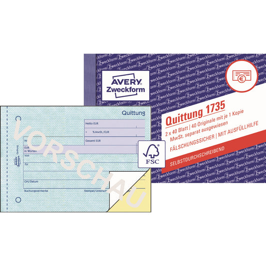 Avery Zweckform Quittung 1735 DIN A6 quer selbstdurchschreibend 1 Durchschlag 2 x 40 Bl.