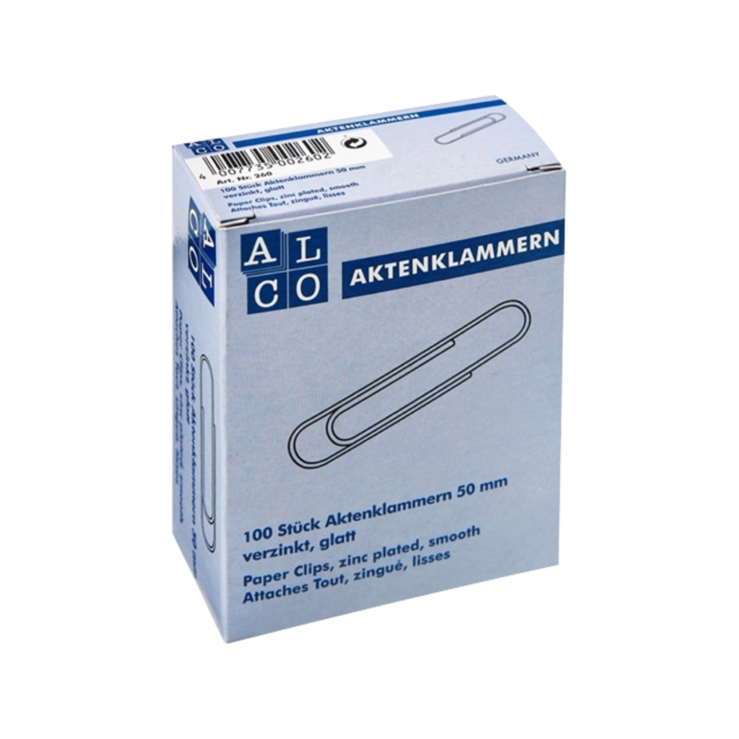 ALCO Büroklammer glatt, runde Form 50mm Metall, verzinkt silber 100 St./Pack.