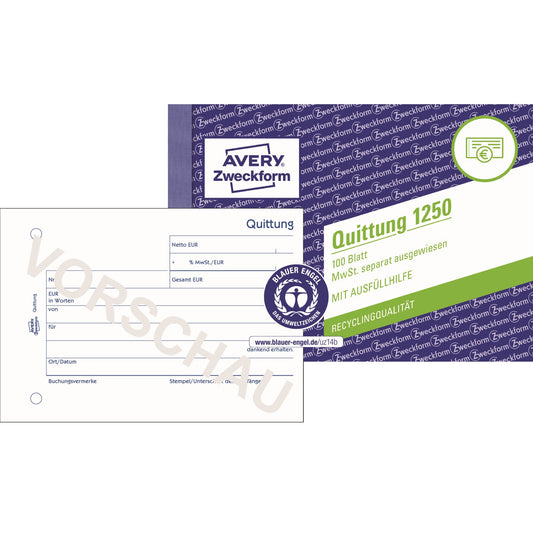 Avery Zweckform Quittung 1250 DIN A6 quer nicht selbstdurchschreibend 100 Bl.