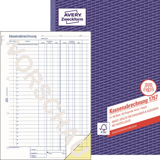 Avery Zweckform Kassenabrechnung 1757 DIN A4 selbstdurchschreibend 1 Durchschlag 2 x 40 Bl.