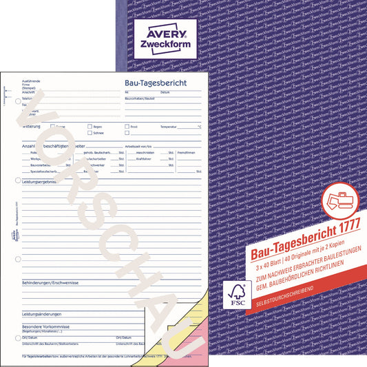 Avery Zweckform Bauformular 1777 DIN A4 selbstdurchschreibend 2 Durchschläge 3 x 40 Bl.
