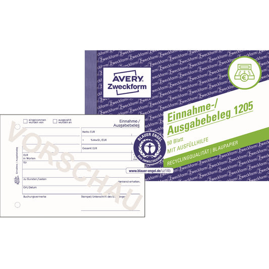 Avery Zweckform Einnahme-/Ausgabebeleg 1205 DIN A6 quer nicht selbstdurchschreibend 1 Durchschlag 50 Bl.