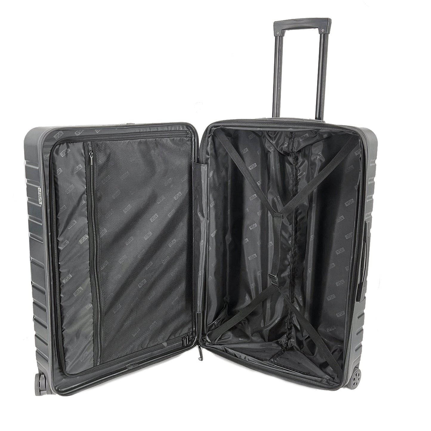 JSA Trolley L Innenmaße: 68 x 48 x 27 cm (B x H x T) Außenmaße: 75,5 x 50,5 x 29 cm (B x H x T) mit Rollen Arretierbares Teleskoptrolleysystem, Dehnfalte, vier 360 Grad Leichtlaufrollen, Beidseitige Packmöglichkeit durch Packtrennwand und Packgurt