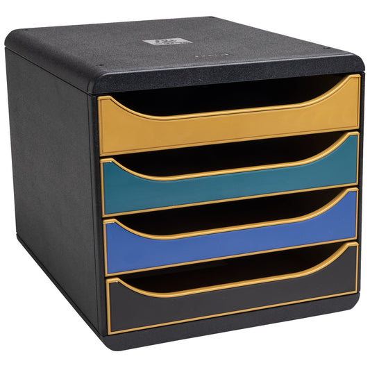 Exacompta Schubladenbox BIG-BOX 4 Schubladen DIN A4, Überbreite Polystyrol Gehäusefarbe: schwarz Farbe der Schublade: mehrfarbig
